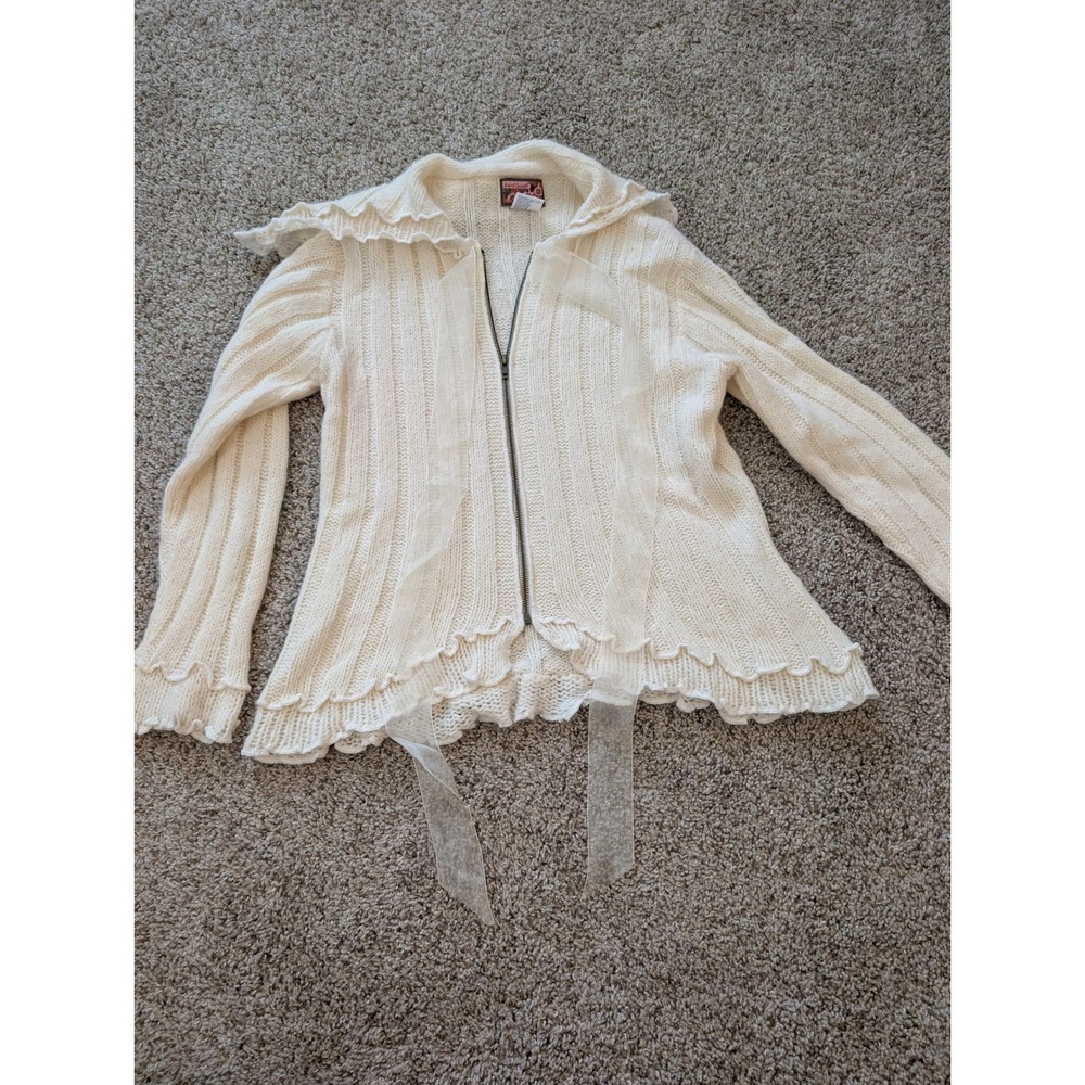 April Cornell Cream Ribbed Wool Blend Ruffle Zip Front Cardigan Sweater Small
